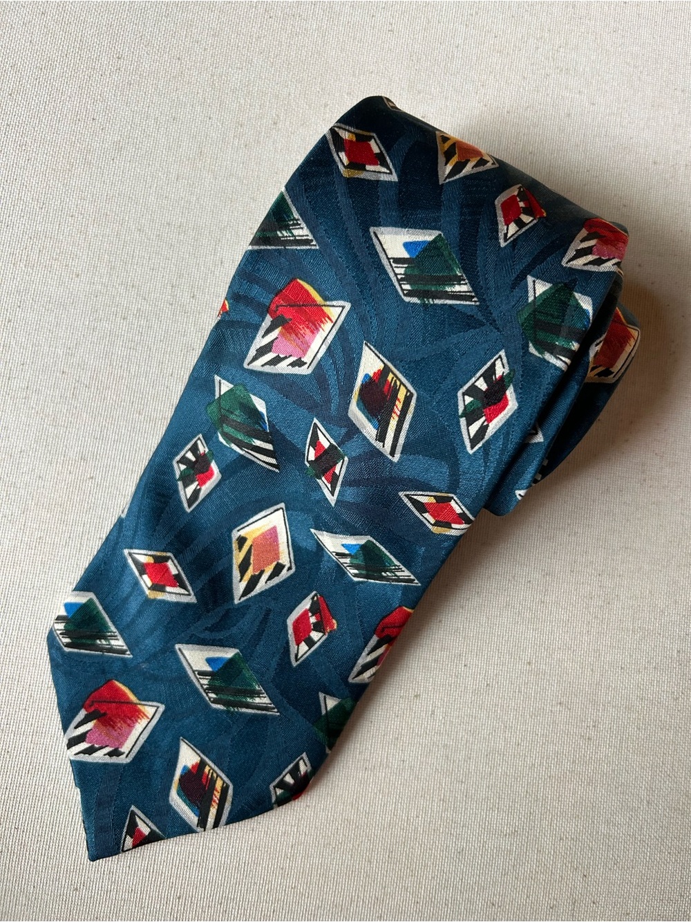 Giorgio Armani 90s Teal Geometric Motif Silk Designer Tie